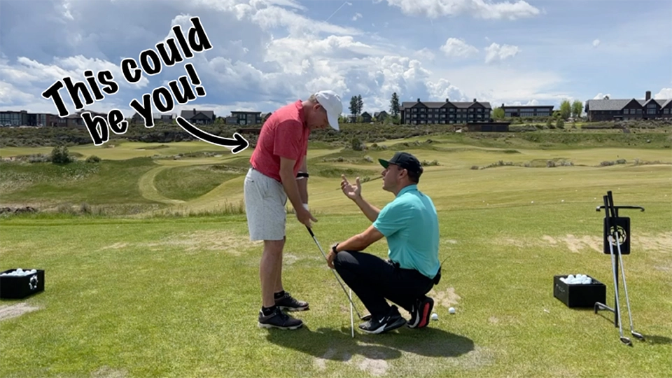 Golfer getting a lesson from a pro with text saying 'this could be you'