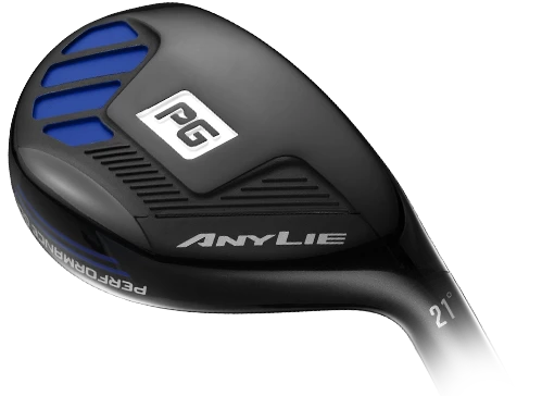 Angled close-up of the 21º black AnyLie Hybrid clubhead sole, with blue accents and Performance Golf logo.