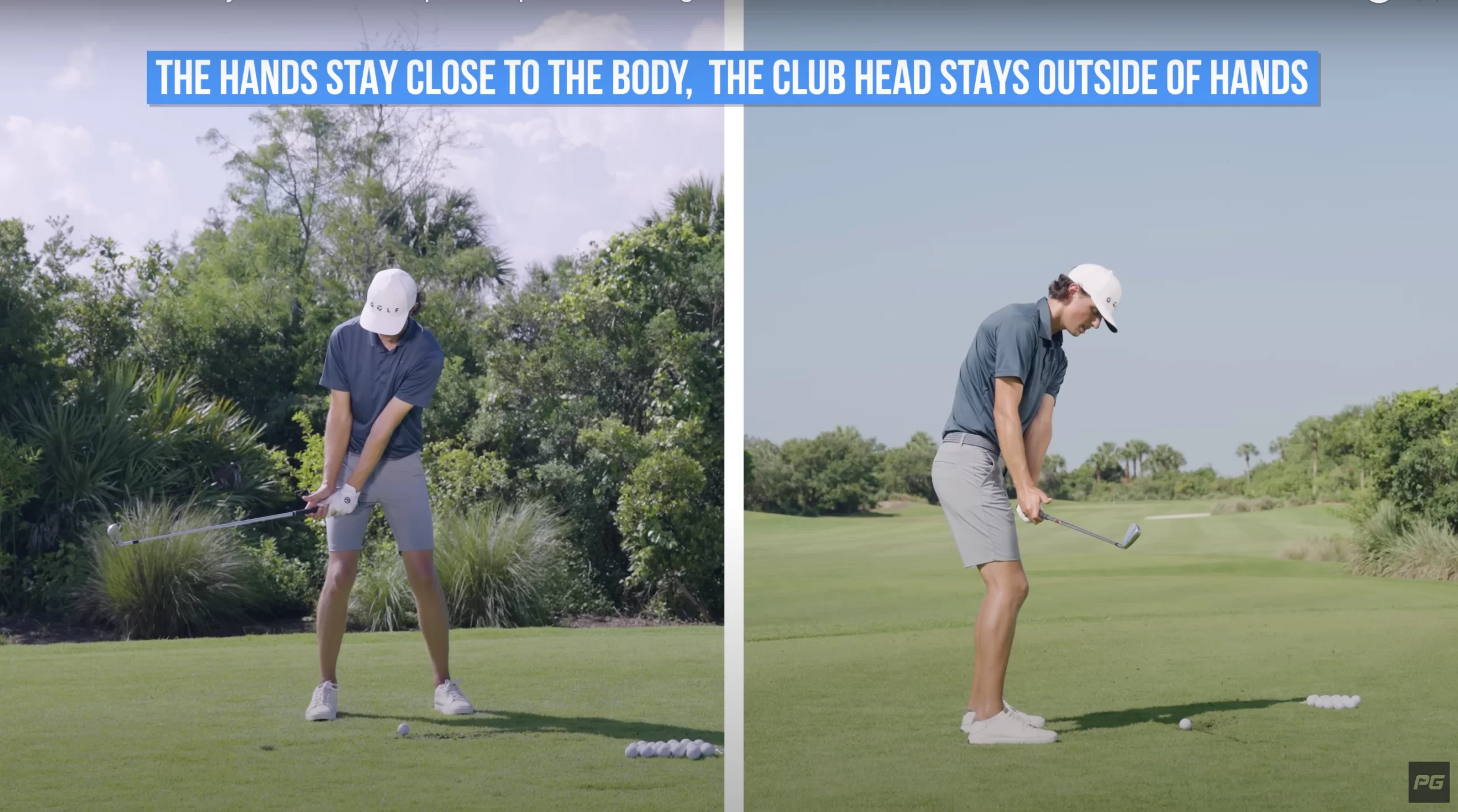 Hands stay close to the body, club head stays outside of hands