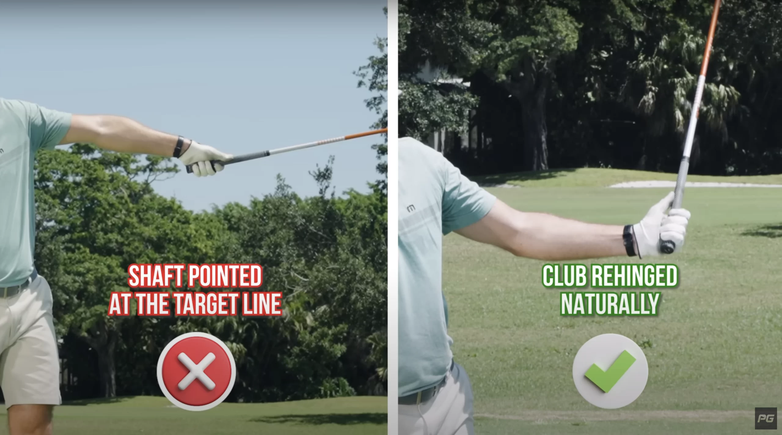 Two shots of a golfer's arm, on the left they are holding the golf club pointed straight out with a red X indicating this is the wrong position, with an image on the right holding the golf club pointing toward the sky, with a green arrow indicating this is the correct position.