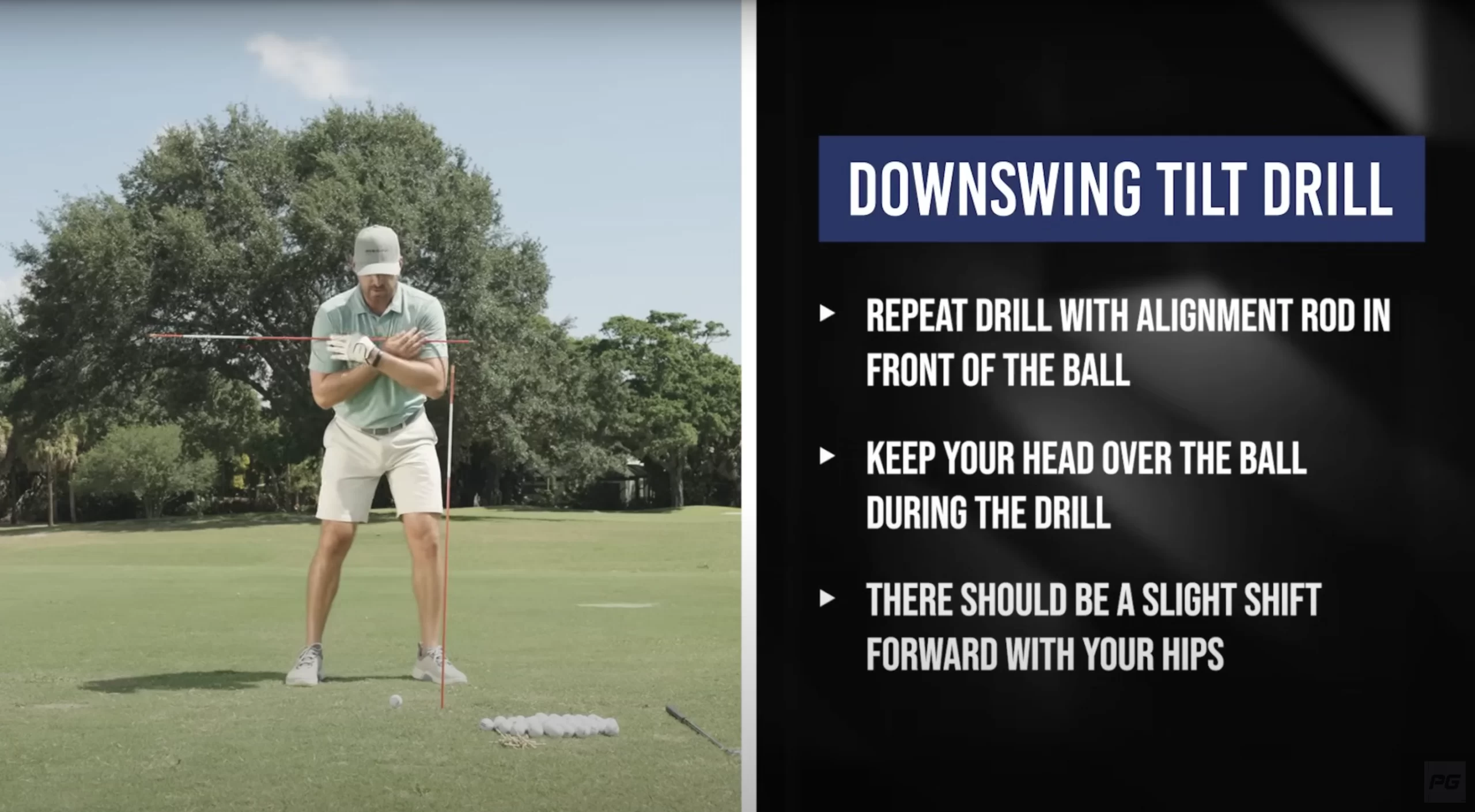 A split shot with a photo of Performance Golf coach Eric Cogorno on the left with two alignment rods and his hands crossed over his chest, and text featuring a downswing tilt drill on the right.