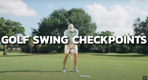 A golfer on the course, with multiple golf balls in front of him, practicing his golf swing, with text over the image that reads golf swing checkpoints.