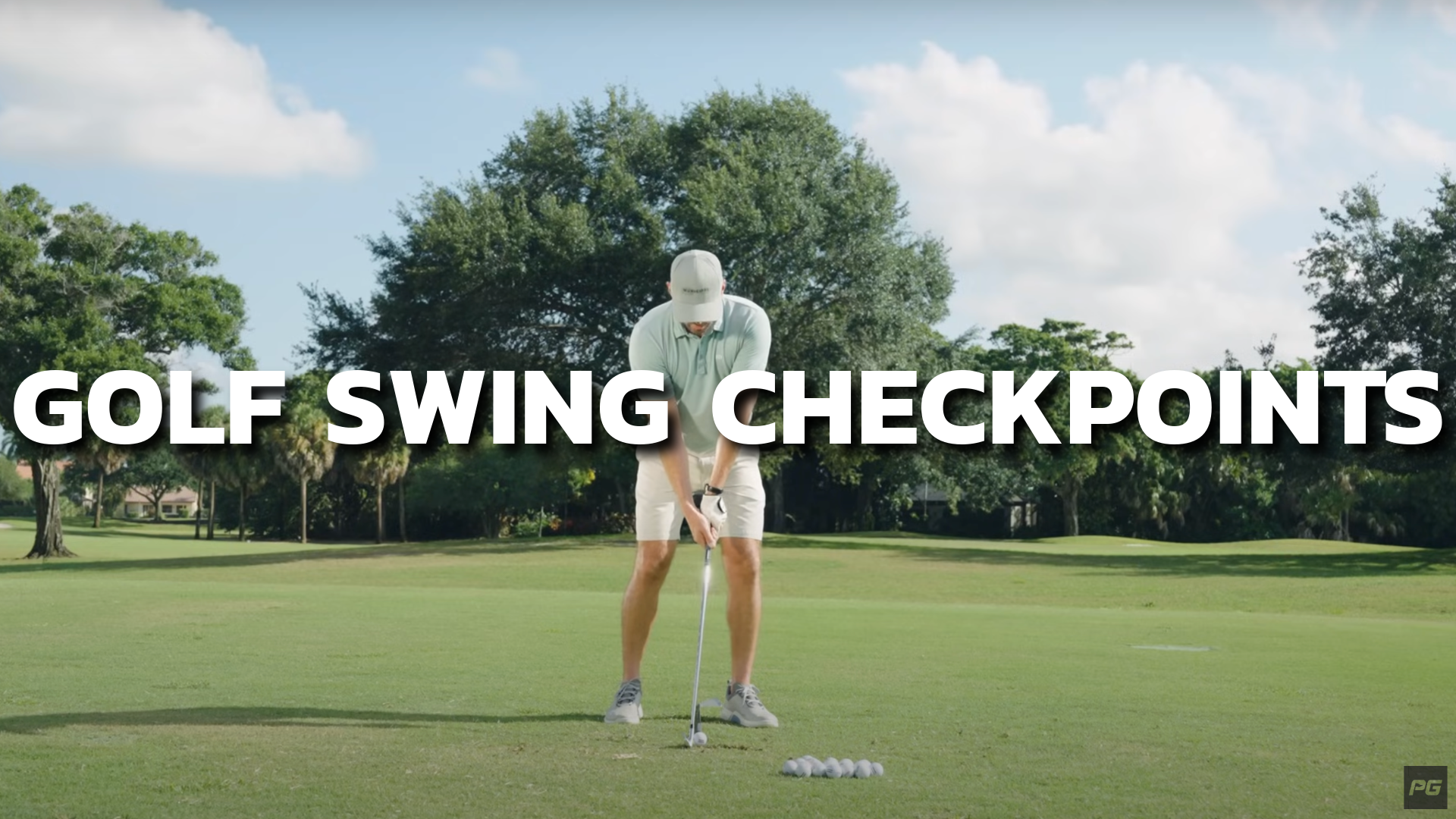 A golfer on the course, with multiple golf balls in front of him, practicing his golf swing, with text over the image that reads golf swing checkpoints.