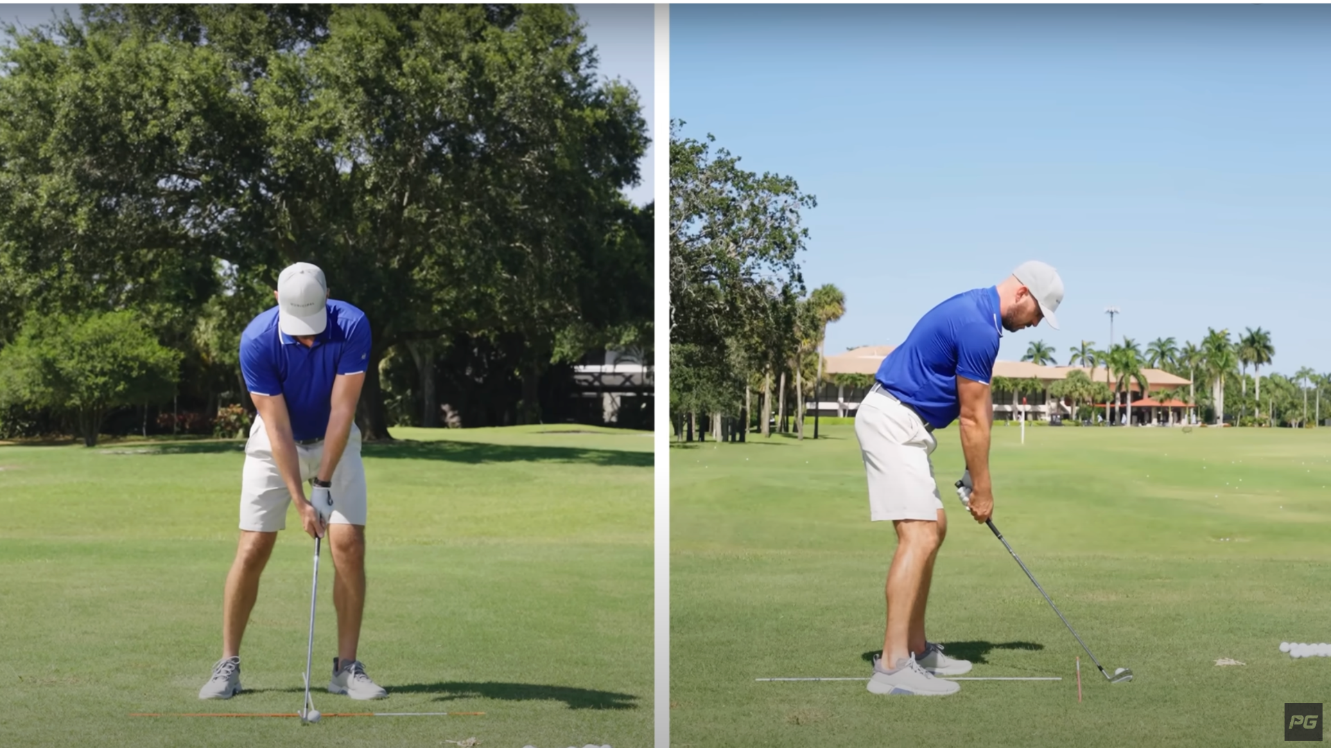 Shot from a Performance Golf Youtube video showing a side-by-side view of a golfer's correct golf swing setup position.