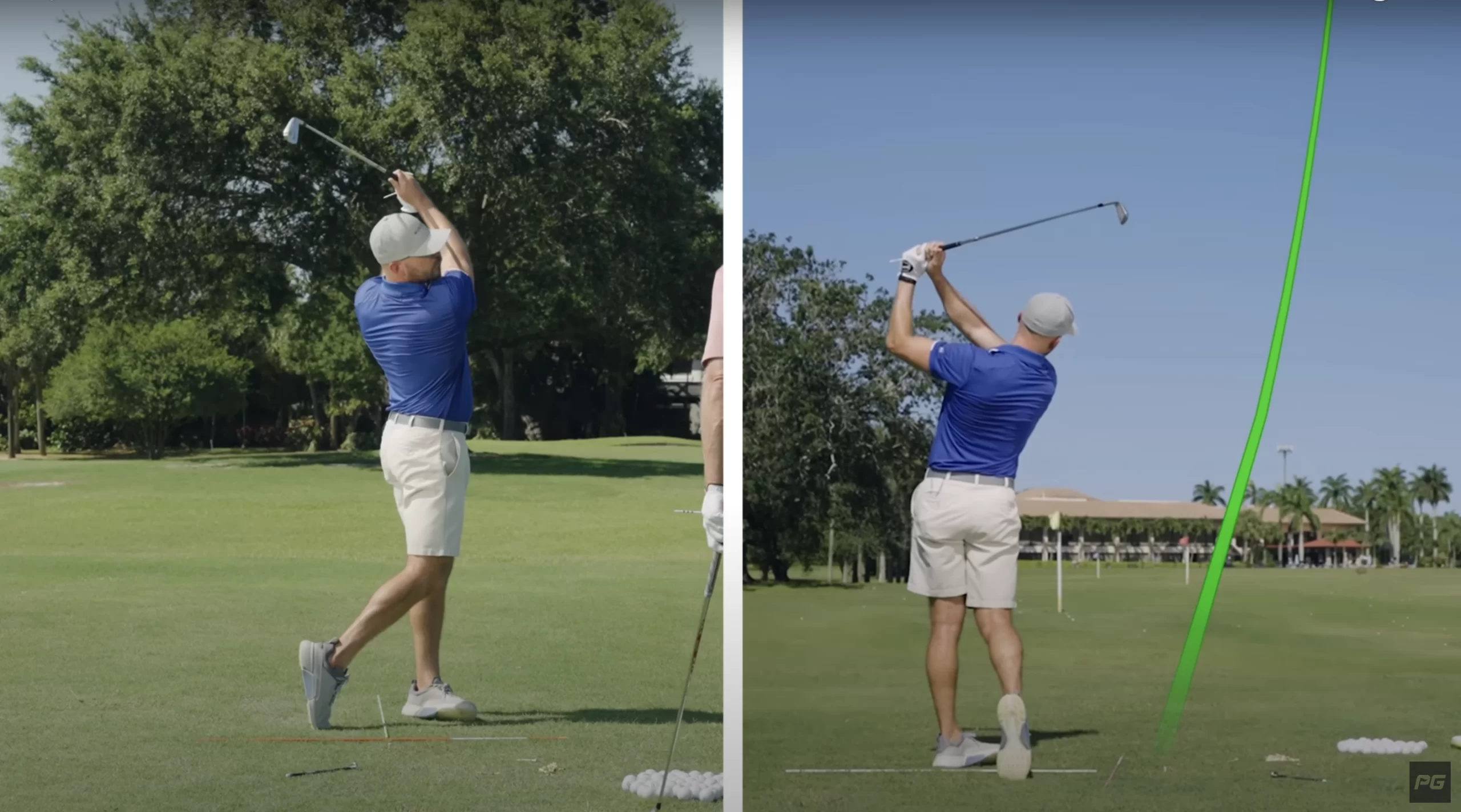 A split screen shot of a golfer on the course, one view from the side view and one from the back, showing the ball flight after the golf swing.