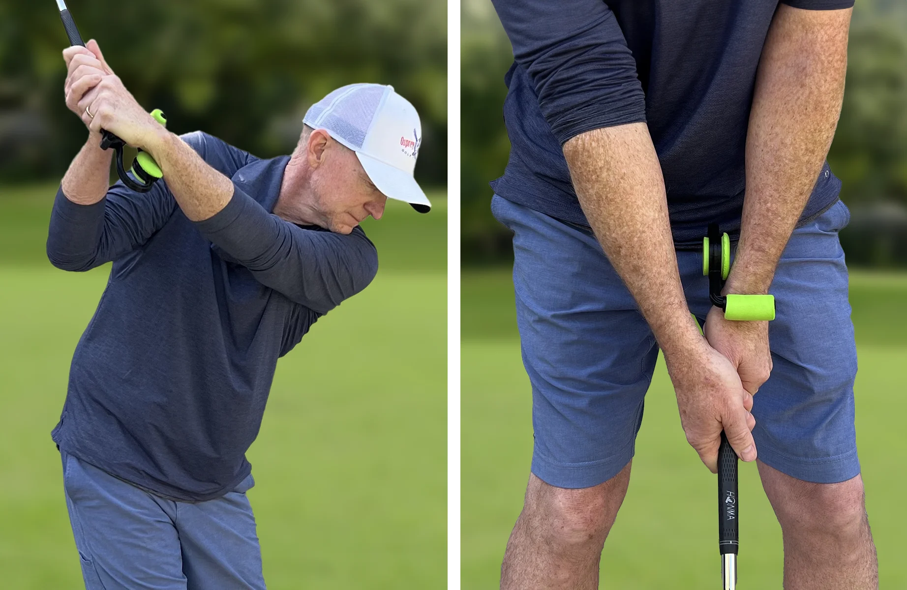 Golfer showing strong takeaway with SquareSet, Golfer at address position with Square Set