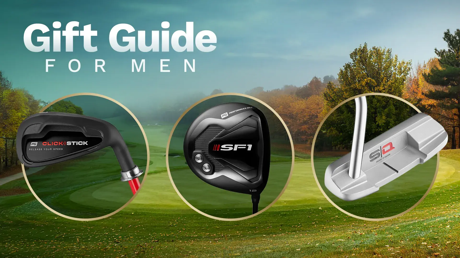 Various Performance Golf training aids featured with a background of the golf course.