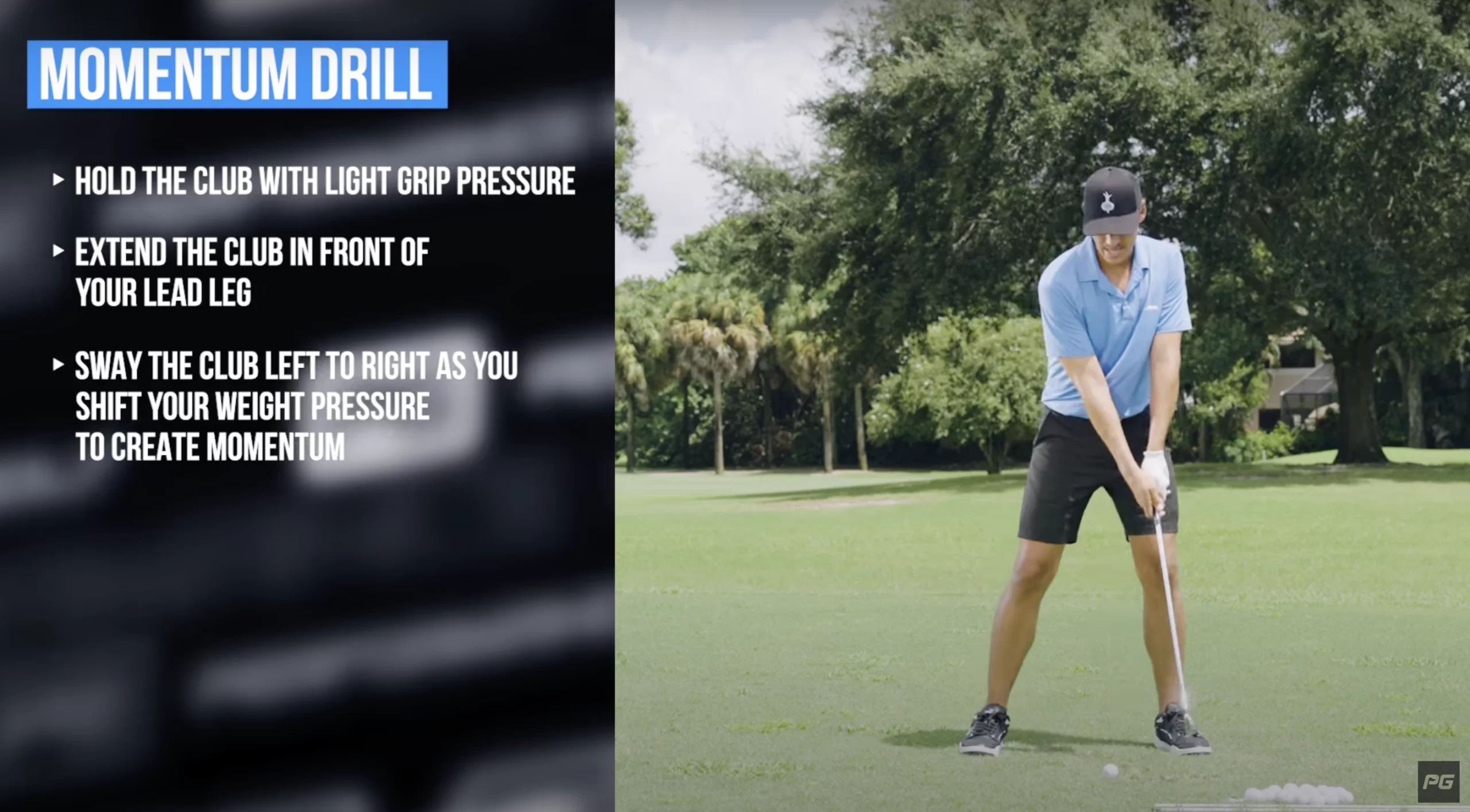 Performance Golf Coach JT Thomas shows how to perform a momentum drill to improve weight shift in the golf swing.