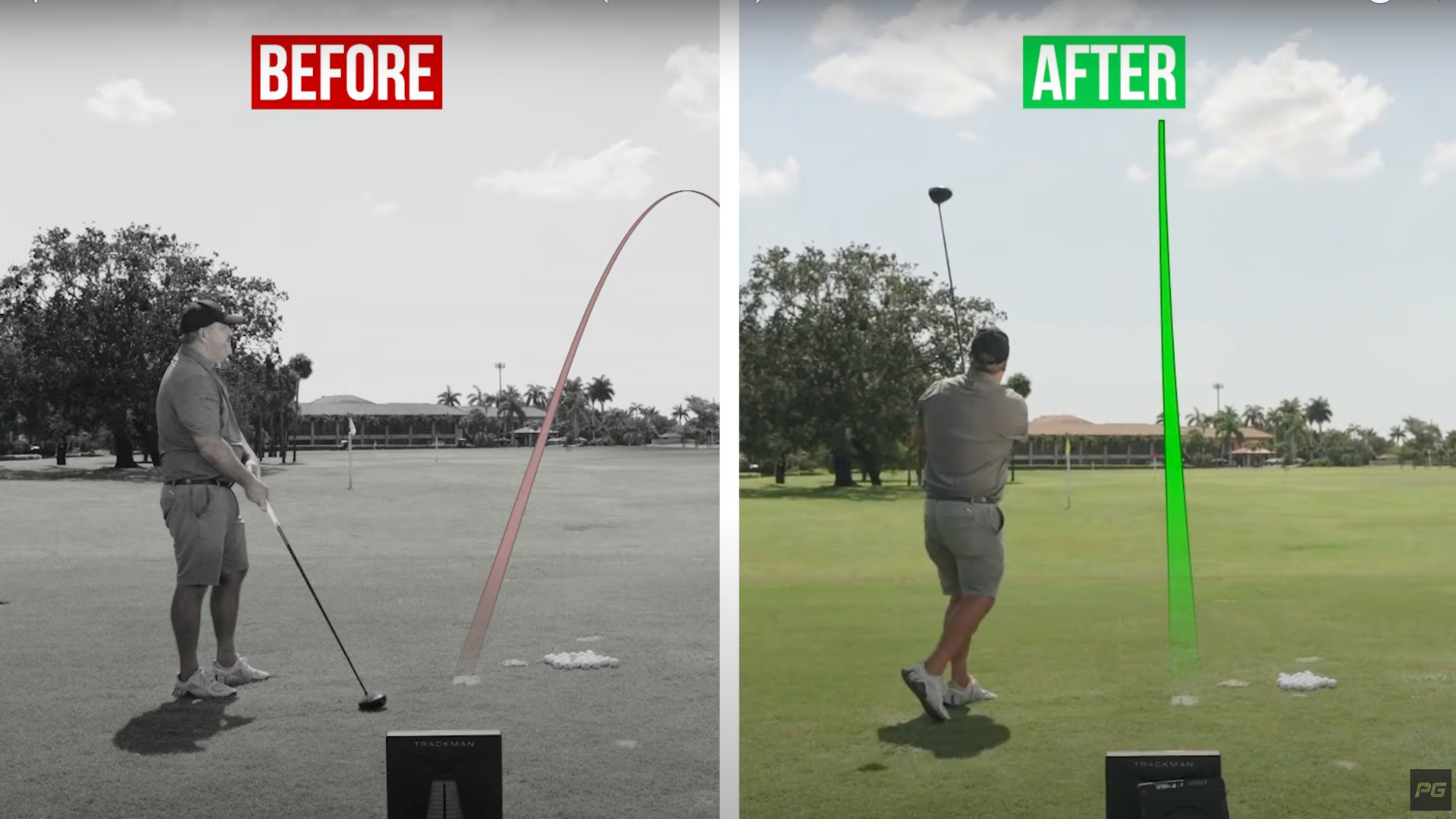 A before and after shot of an amateur golfer on the golf course, hitting a slice and a straight, long drive, respectively.