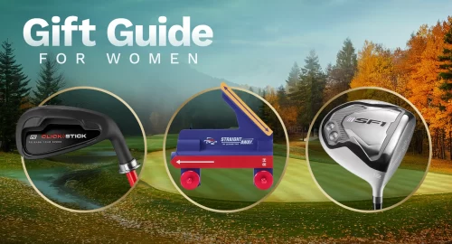 Background of a golf course in the fall with various Performance Golf training aids featured.