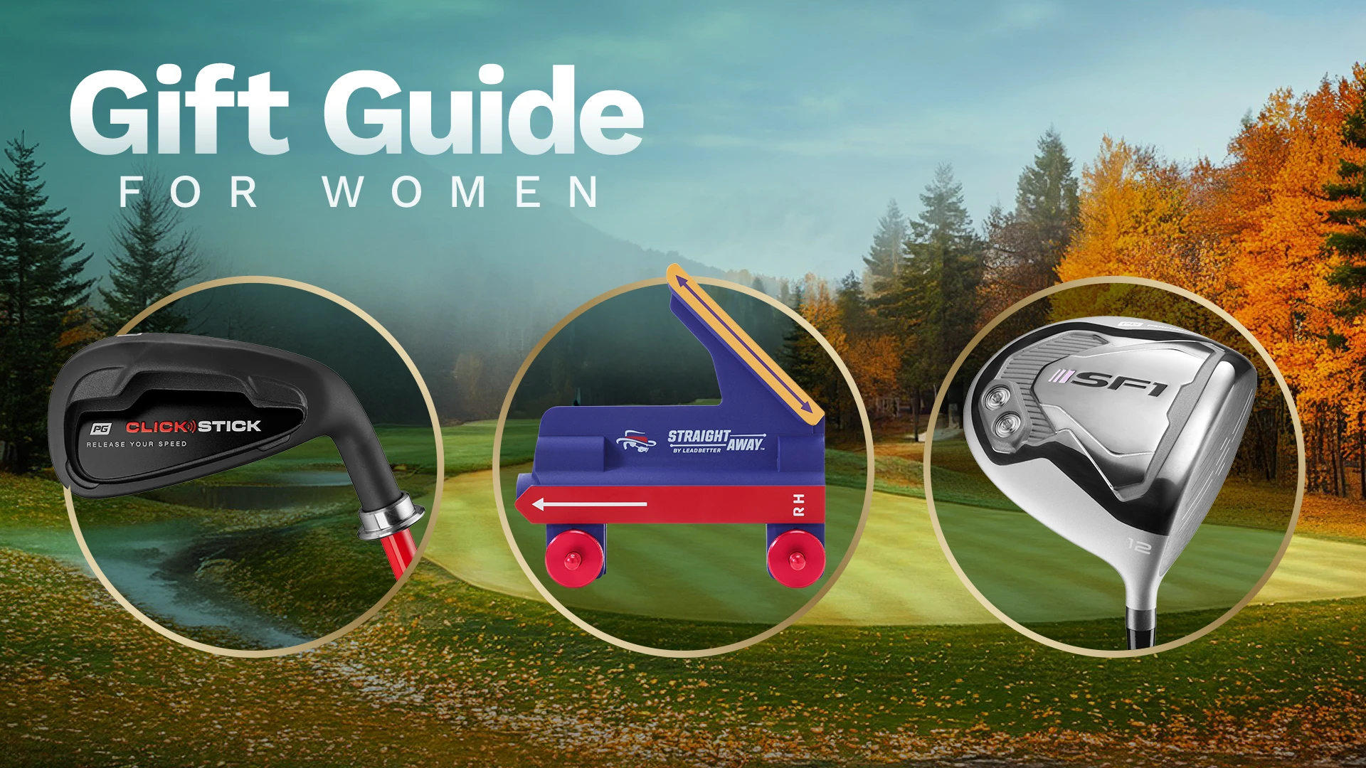 Background of a golf course in the fall with various Performance Golf training aids featured.