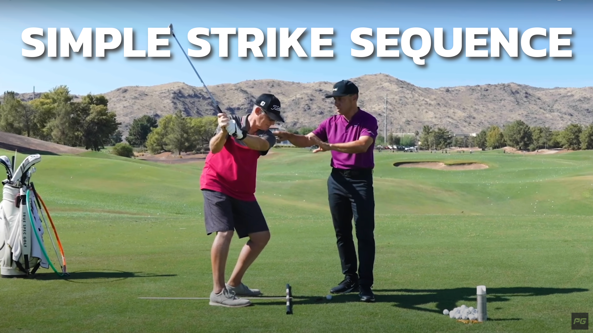 Performance Golf coach Martin Chuck on the golf course coaching a golfer mid swing during the Simple Strike Sequence training video.