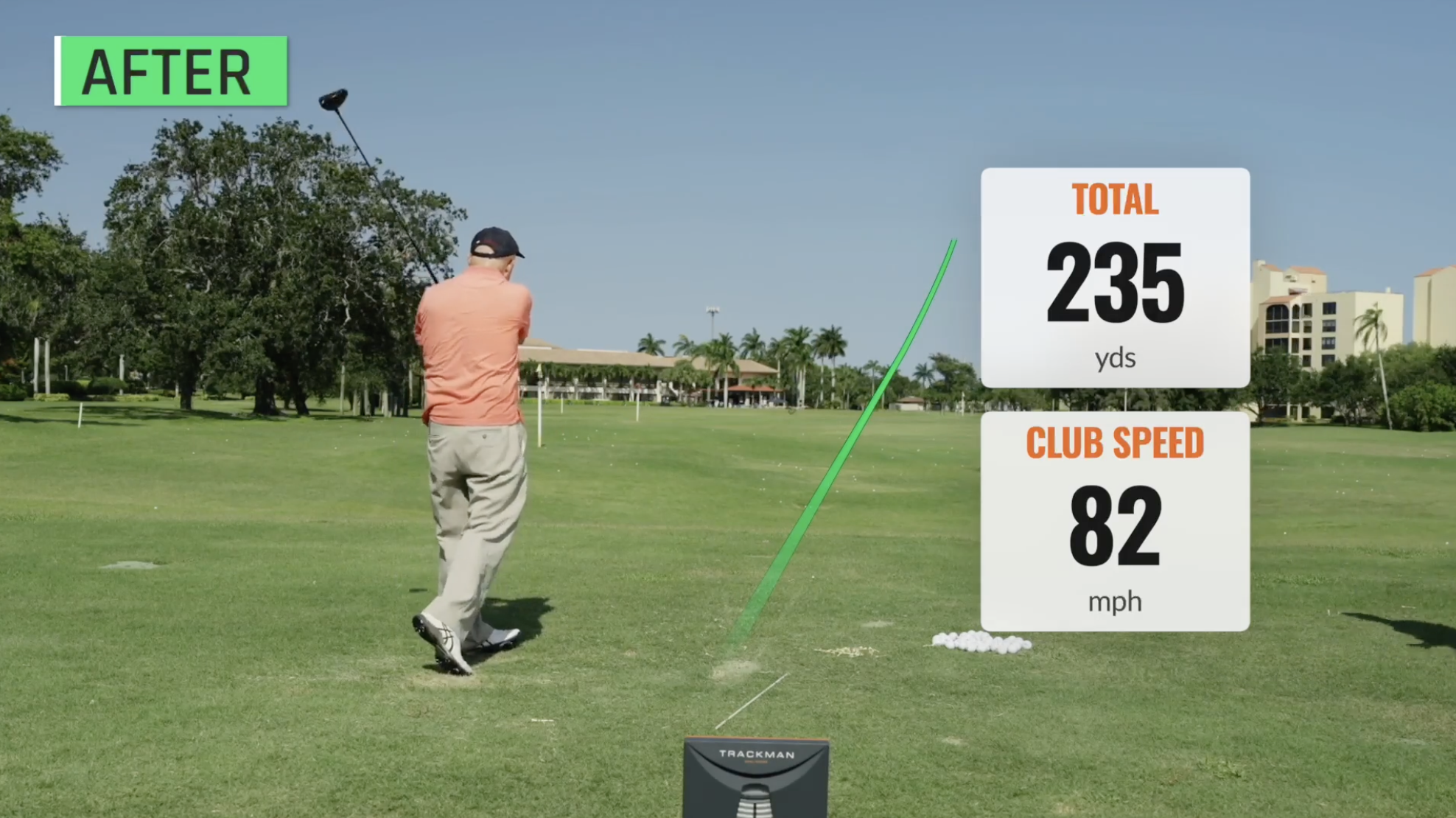 A golfer on the golf course, showing the after affects of the Smart Distance System yards and mpg of the golf swing.