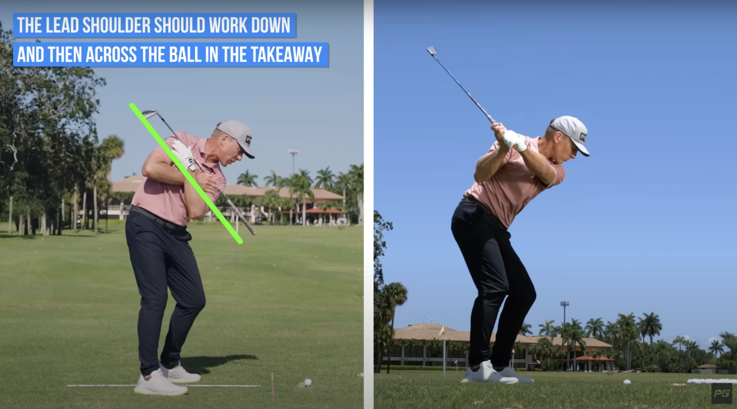 Coach Andrew Rice in the middle of a golf swing, showing emphasis on the shoulder positions in the golf swing with a green line.