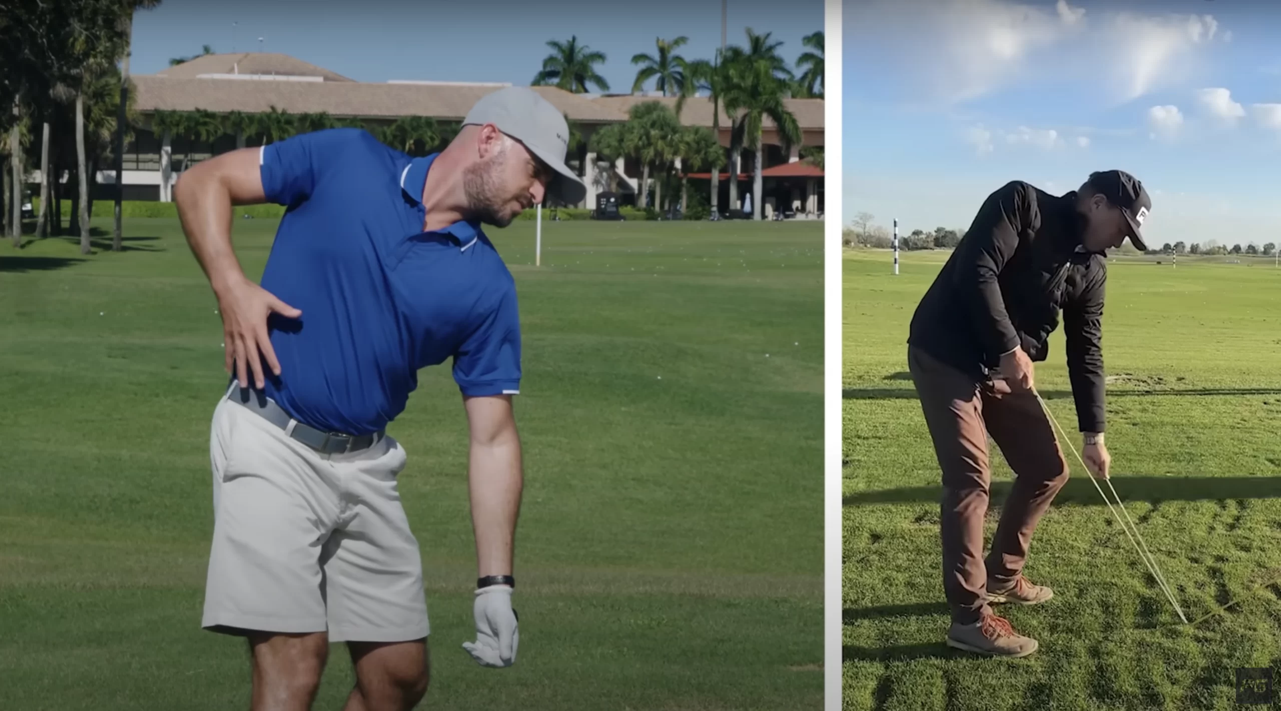 Performance Golf coach Eric Cogorno on the golf course showcasing the proper position of the shoulders in a golf swing drill.