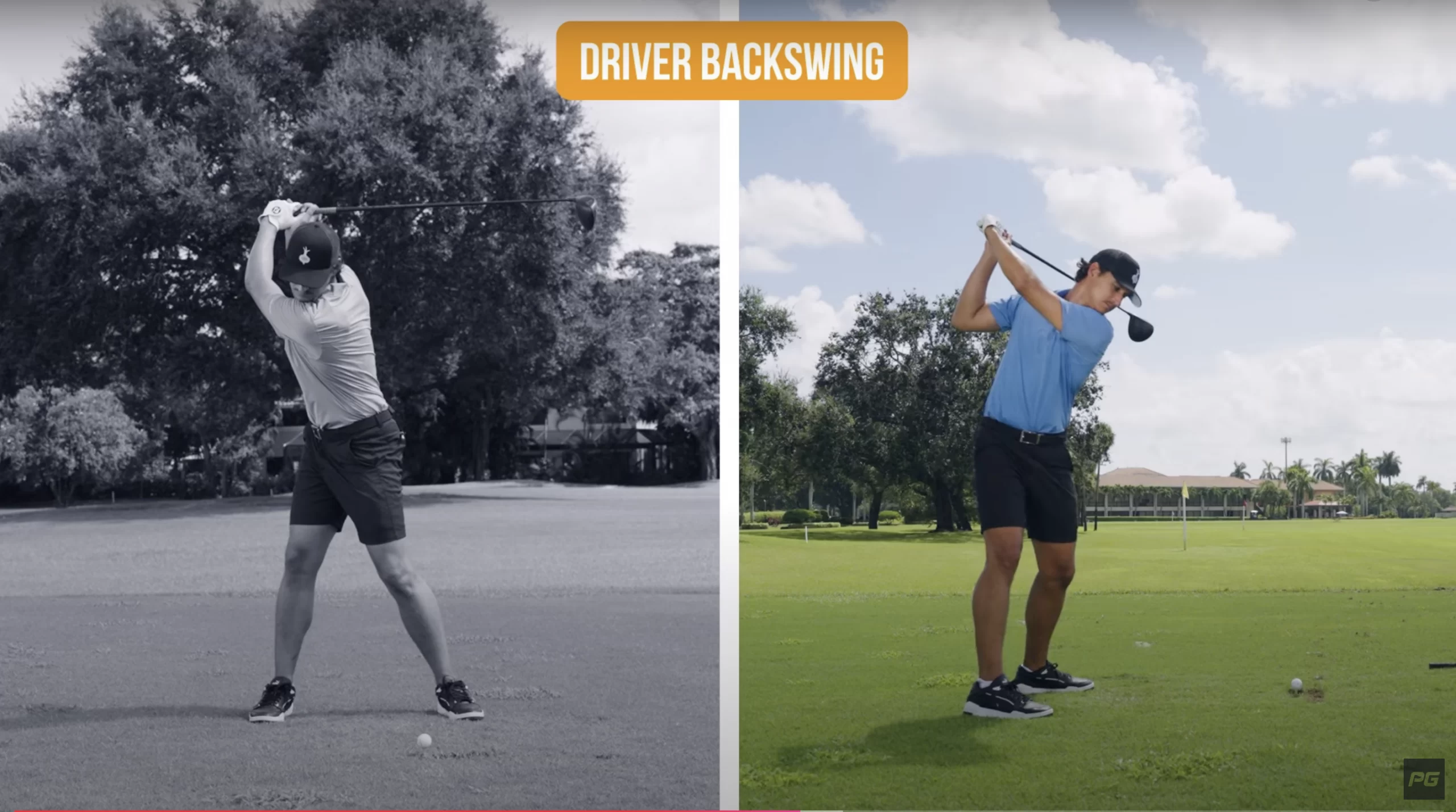 JT Thomas in a Performance Golf YouTube video showcasing the proper golf driver backswing, showing the ideal position of the arms and shoulders.