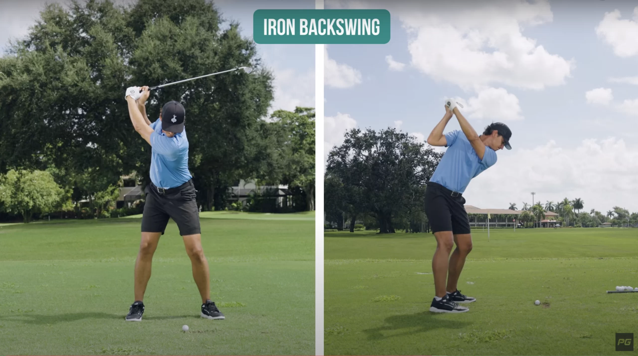 JT Thomas in a Performance Golf YouTube video showcasing the proper golf iron backswing, showing the ideal position of the arms and shoulders.