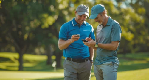 Two golfers looking at their phones on the golf course.