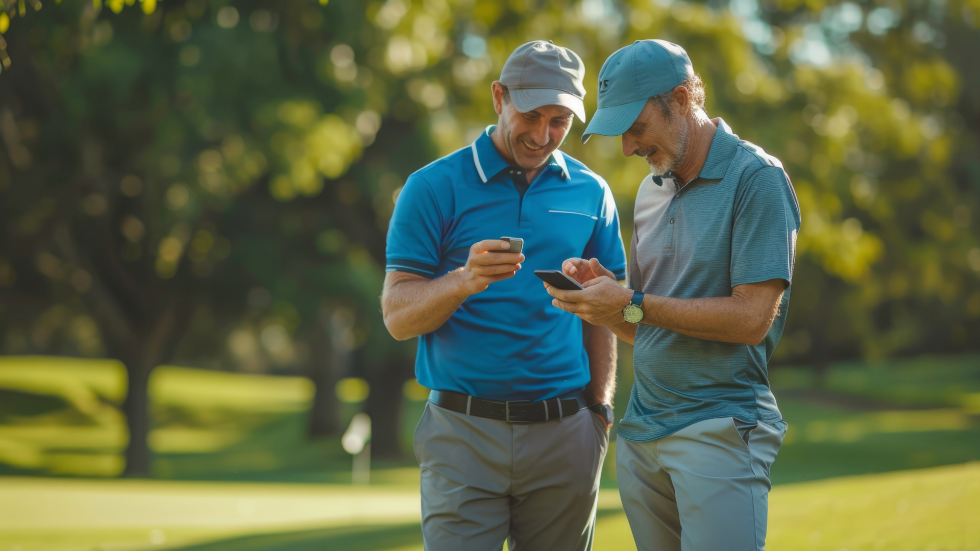 Two golfers looking at their phones on the golf course.