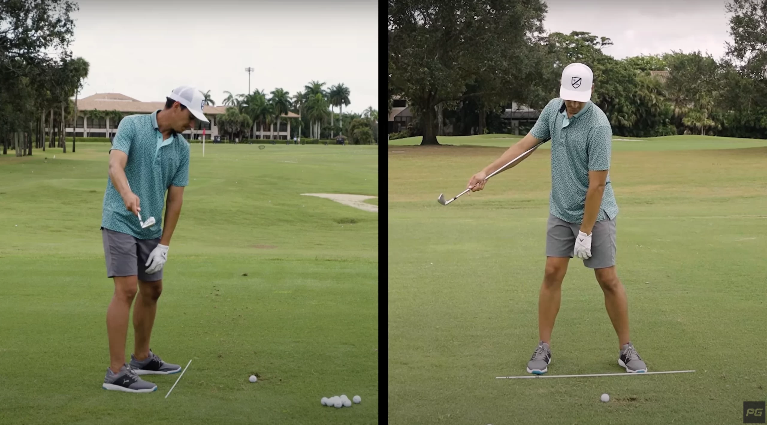 Performance Golf coach JT Thomas demonstrating a golf drill, holding the golf club underneath the armpit.