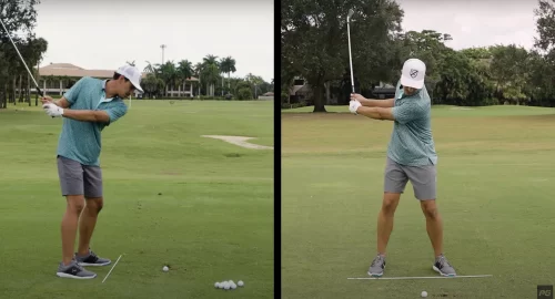 Performance Golf coach JT Thomas on the golf course mid golf swing with an alignment stick at his feet.