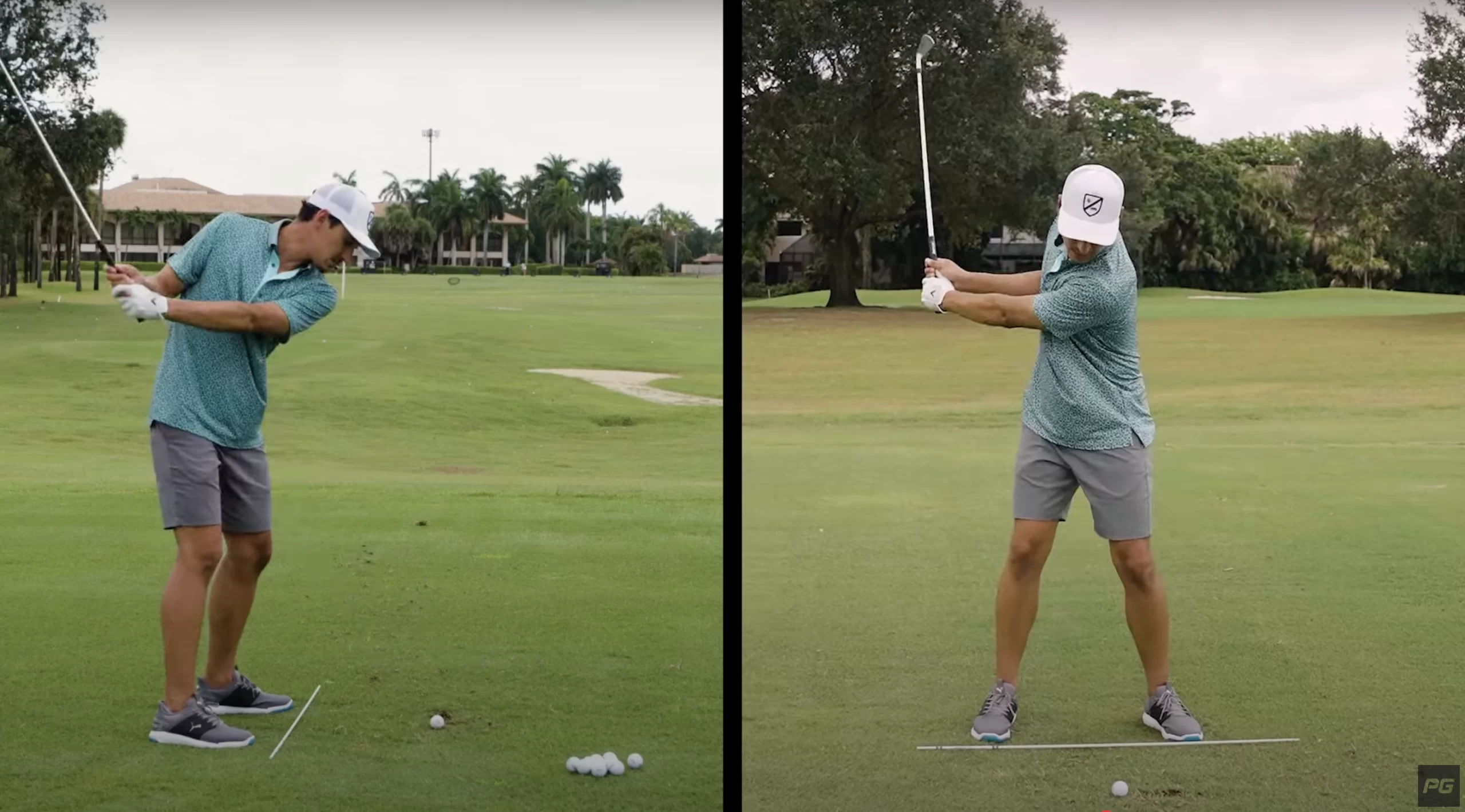 Performance Golf coach JT Thomas on the golf course mid golf swing with an alignment stick at his feet.