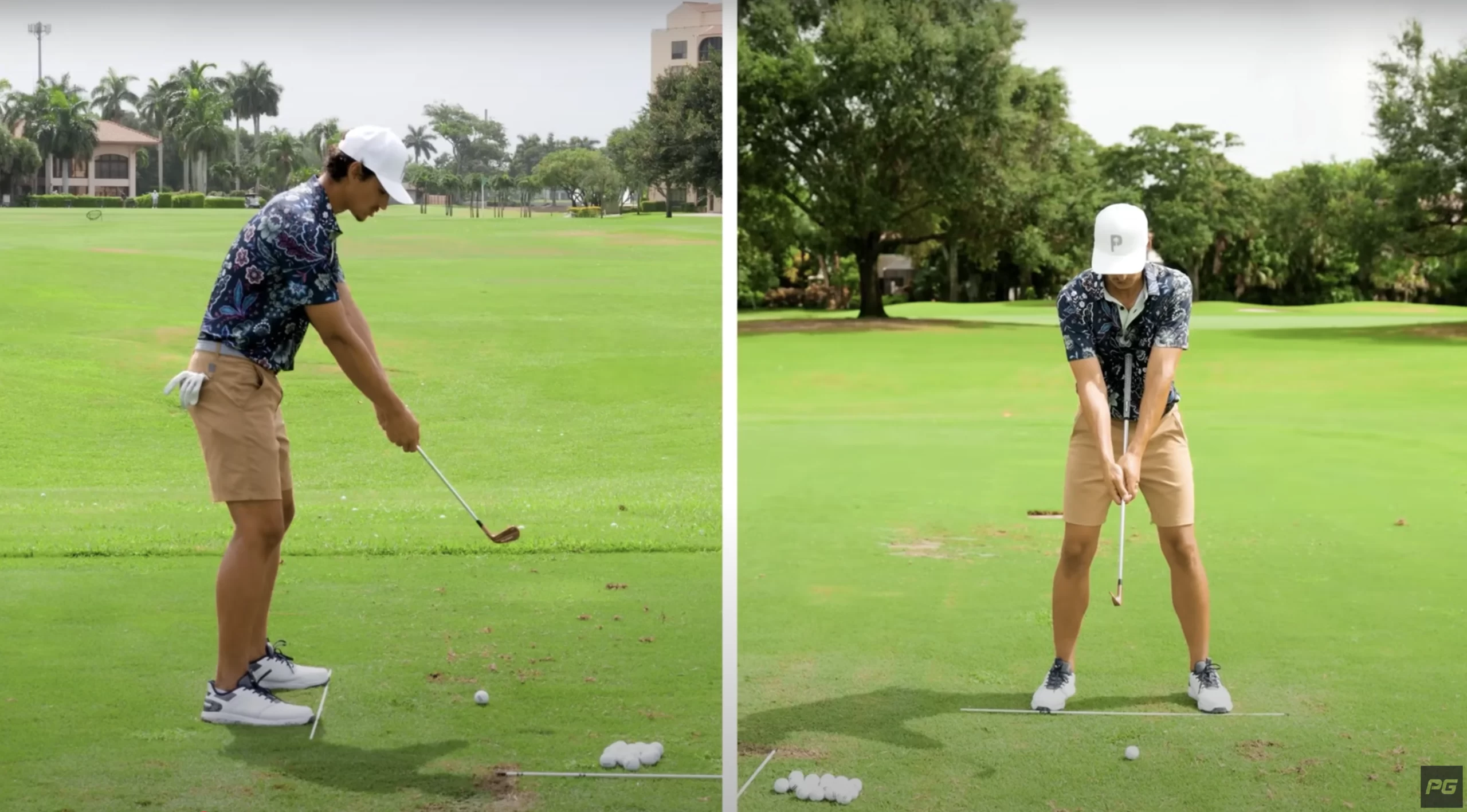 Performance Golf coach JT Thomas demonstrating a drill in which the golf club is held to the sternum to focus on the proper body rotation.