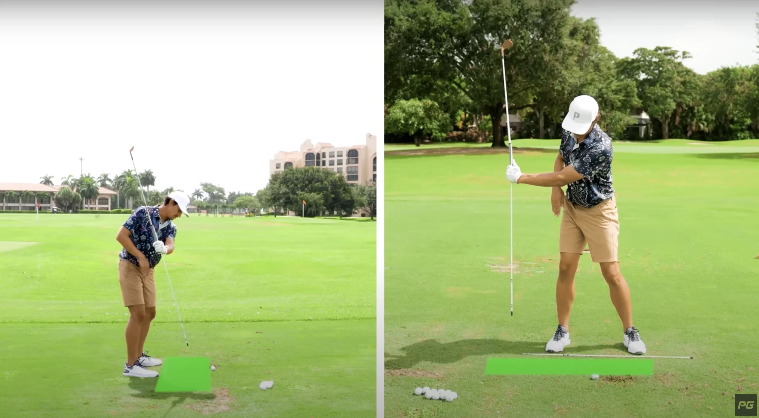 Performance Golf’s JT Thomas using a golf club and an alignment stick to demonstrate the proper alignment and rotation in the downswing.