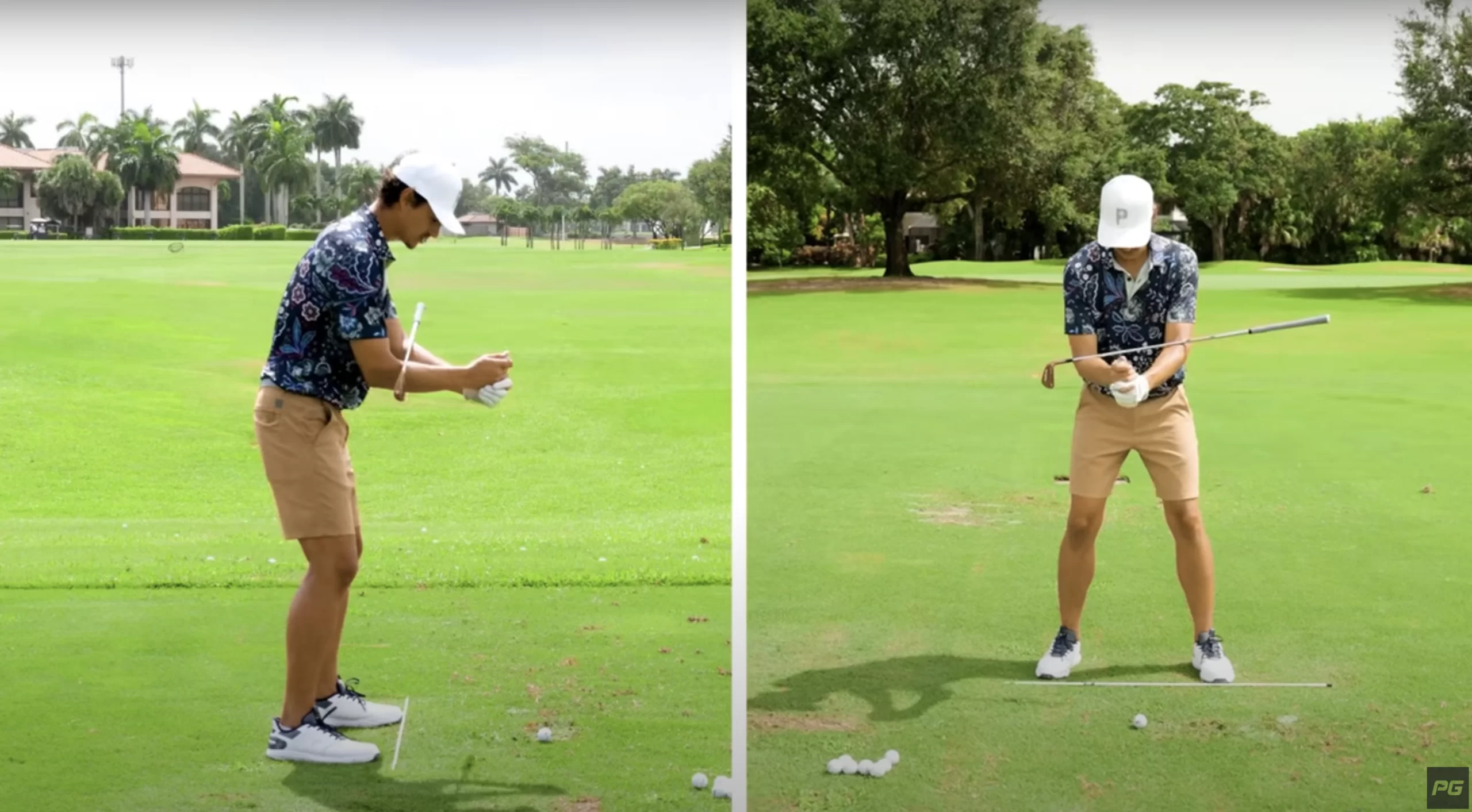 Performance Golf coach JT Thomas holding a golf club in the divots of his elbows to demonstrate a drill.