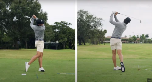 Two photos side by side of Performance Golf coach JT Thomas demonstrating a golf swing drill.