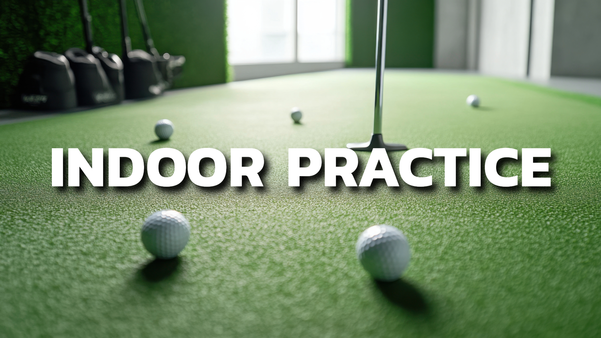 Golf practice setup indoors with golf balls.