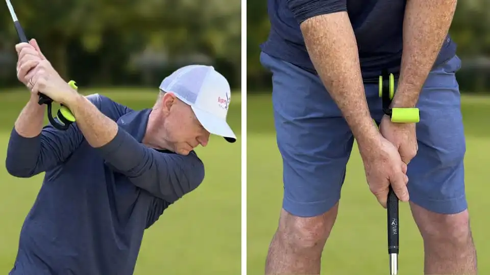 Side by side of a golfer using the Performance Golf SquareSet golf swing training aid.