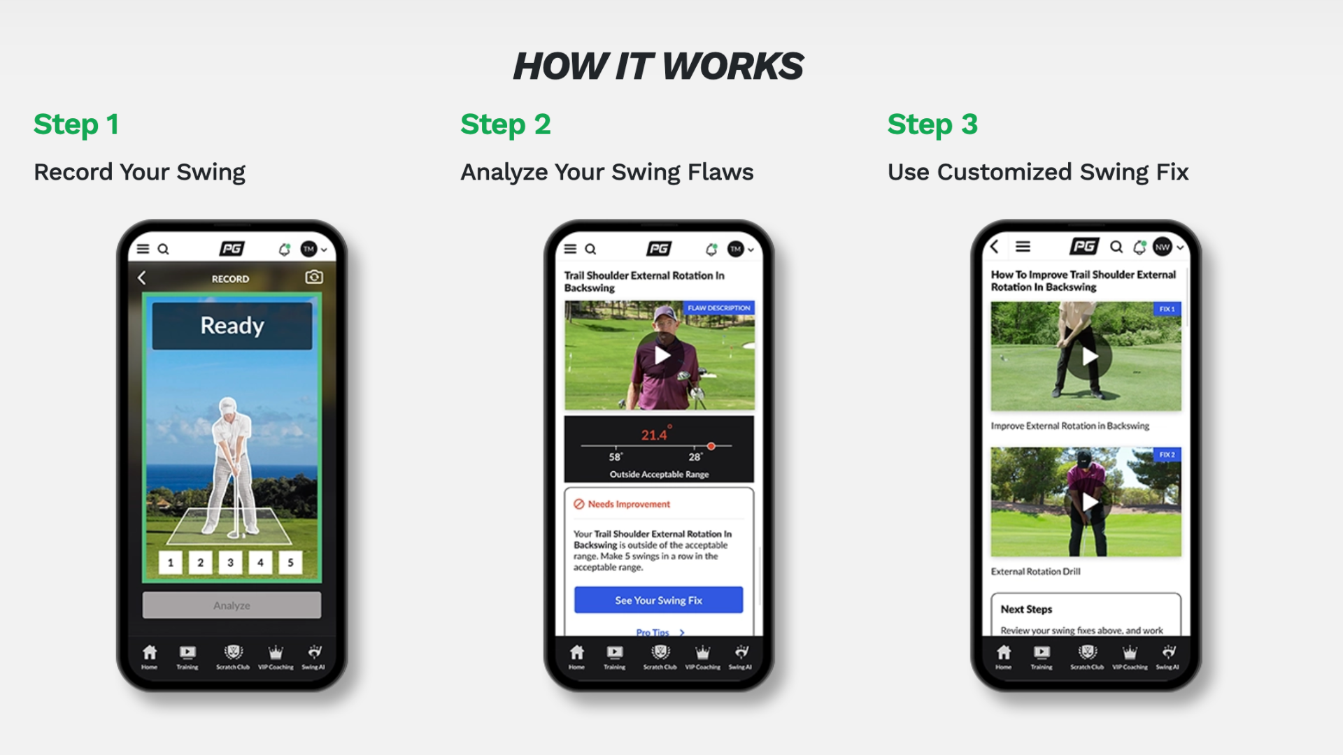 Various phone screenshots showcasing Performance Golf’s Swing Fix AI Golf Swing training app system.